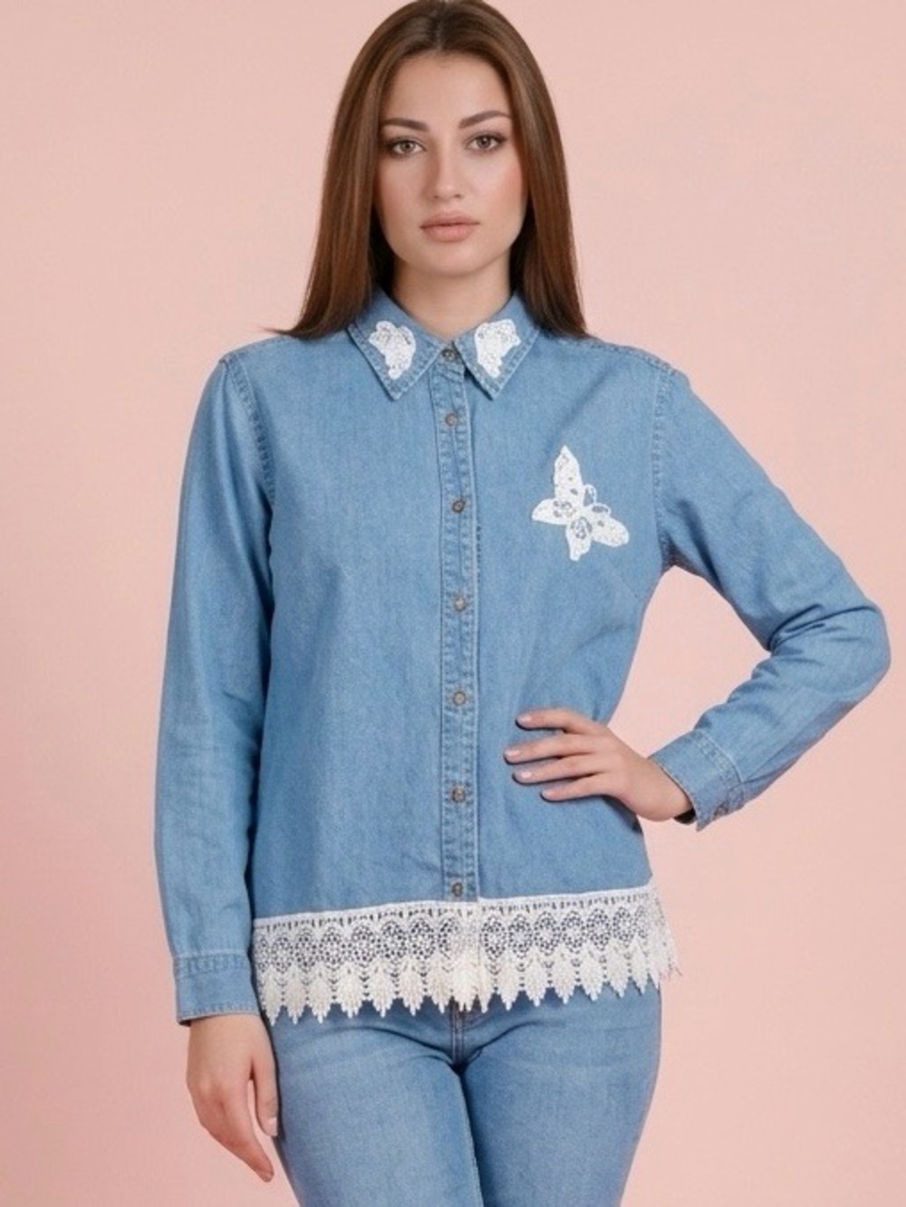 Denim Crochet Laced Butterfly Top Size Large